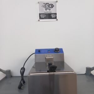 Front view of a commercial deep fryer with stainless steel basket inside and the lid securely placed on top, ideal for professional kitchen use.