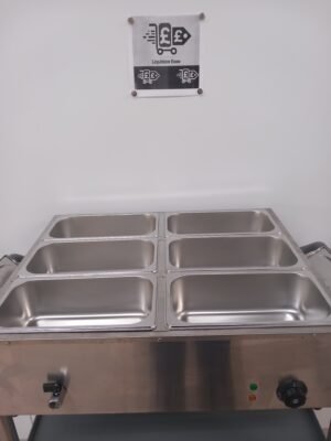 Front view of a commercial 6-pot bain marie with lids removed, revealing the spacious stainless steel pots for holding a variety of warm dishes in buffet or catering settings.