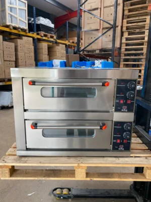 Front view of a large commercial pizza oven with dual doors closed and temperature controls visible on the right, featuring durable stainless steel construction and precise heat management for professional kitchens.