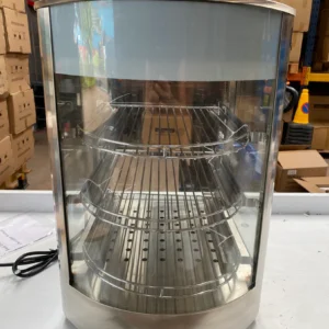 Front view of a curved heated display with three stainless steel racks under curved glass, designed for showcasing hot food items in commercial settings, perfect for cafés and delis.