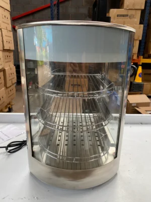 Front view of a curved heated display with three stainless steel racks under curved glass, designed for showcasing hot food items in commercial settings, perfect for cafés and delis.