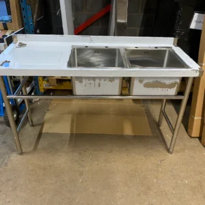 1500mm Double Bowl Commercial Sink with two spacious 400x400x250mm bowls, shown from the right side, ideal for busy commercial kitchens requiring ample washing space. Made of stainless steel and perfect for heavy-duty use.